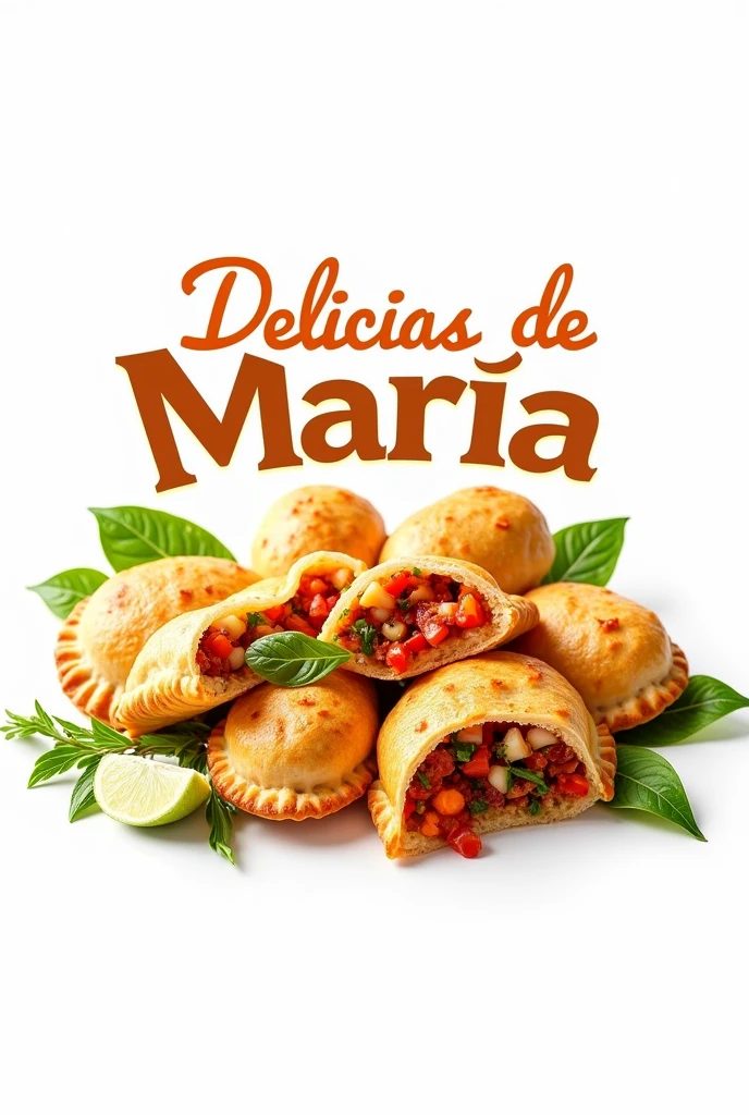 Promotional logo featuring empanadas with the title "Delicacies of Maria" in Spanish, and a white background.