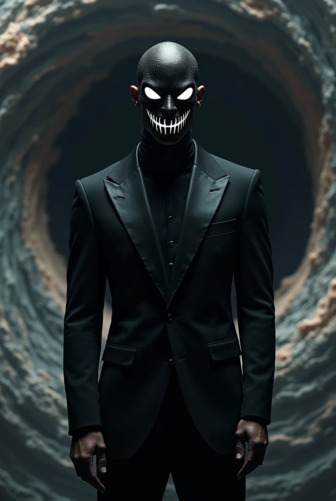 Tall man in an elegant black suit, with a black colored mask with a white demonic smile and white cyclone eyes, next to a black hole