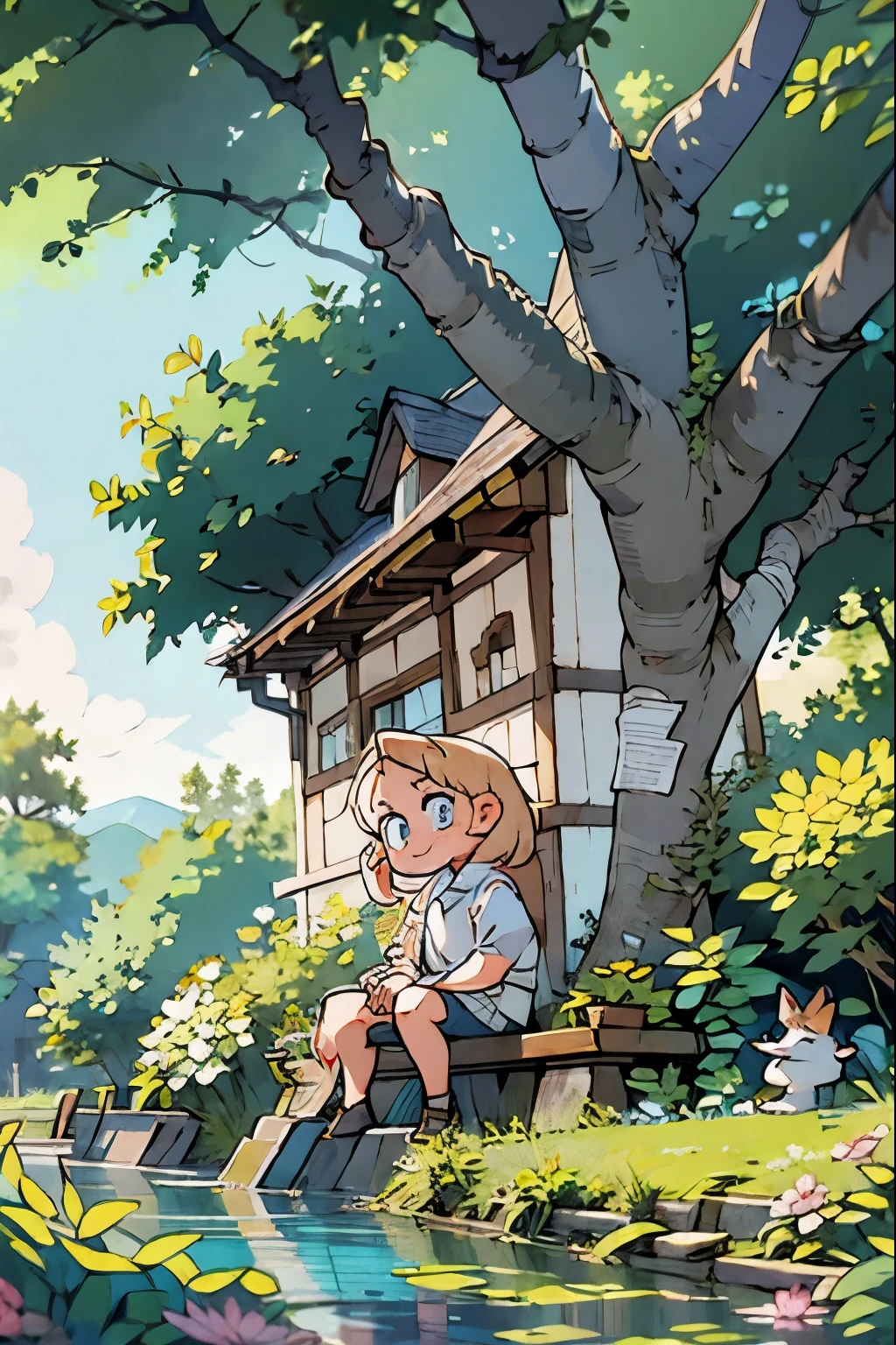 #quality(masterpiece,best quality,8k,super detailed),solo,#1 girl(small kid,smile,outdoor,blond hair,blue eyes,big eyes,Cottagecore style,sitting on a bench),#background(town,rainning,trees,cats around the girl,colorless,beautiful nature,clean river,you can see the rainbow,dappled sunlight)