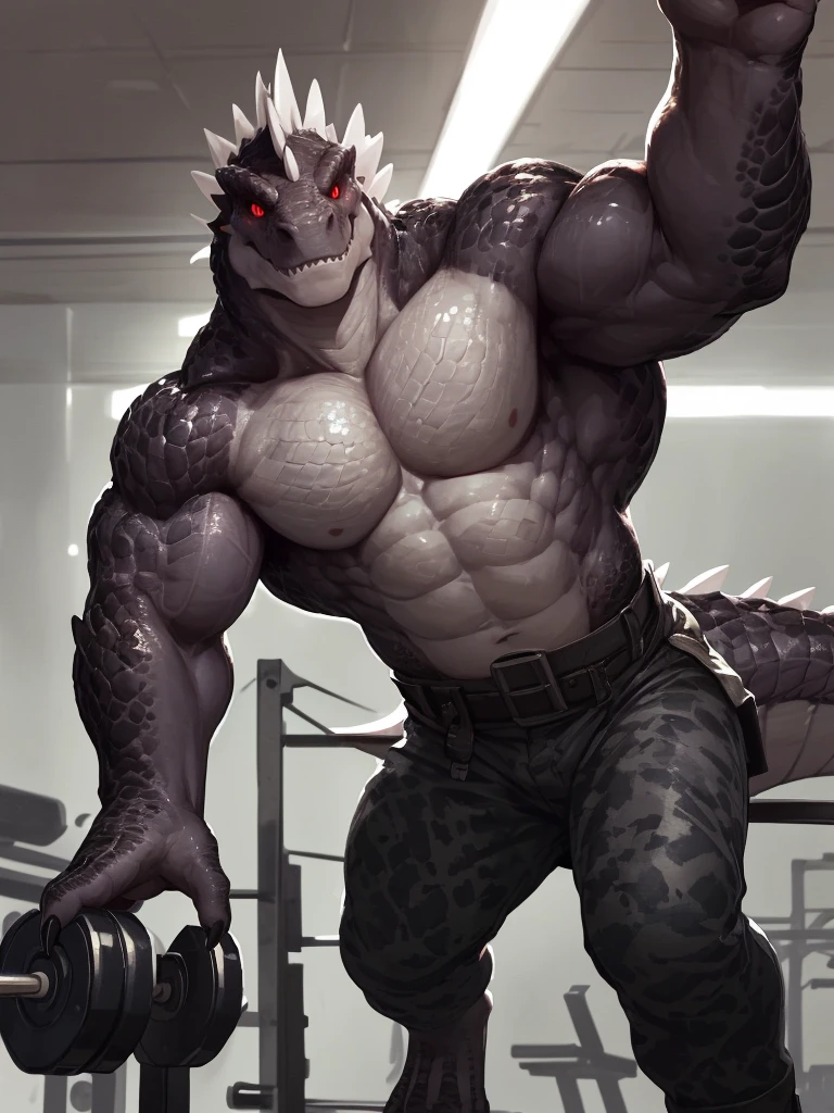 solo, anthro, furry male, T-Rex, ((Short spiny scales, scales, detailed muscles)), (T-Rex print), black scales, white belly, short spiny scales, Front Double Biceps Pose, bodyguard outfit, black claws, red eyes, slit eyes, slim fit, muscular slim, gym , menacing, menacingly handsome, detailed red slit eyes, pecs, tail, hind leg, looking forward, (Masterpiece, by null-ghost, hi-res, 8k), black military outfit, black camo pants, forward pov,