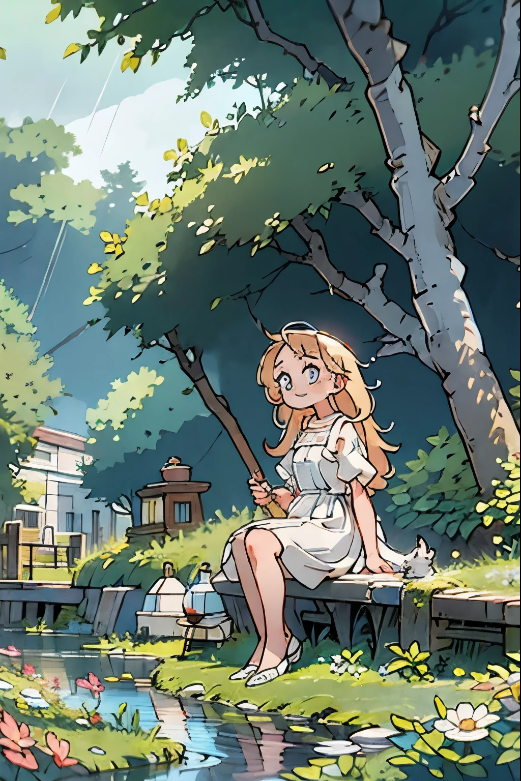 #quality(masterpiece,best quality,8k,super detailed),solo,#1 girl,smile,outdoor,blond hair,long hair,blue eyes,big eyes,long white dress,Cottagecore style,sitting on a bench),#background(town,rain,trees,cats around the girl,colorless,beautiful nature,clean river,rainbow:1.4,dappled sunlight)