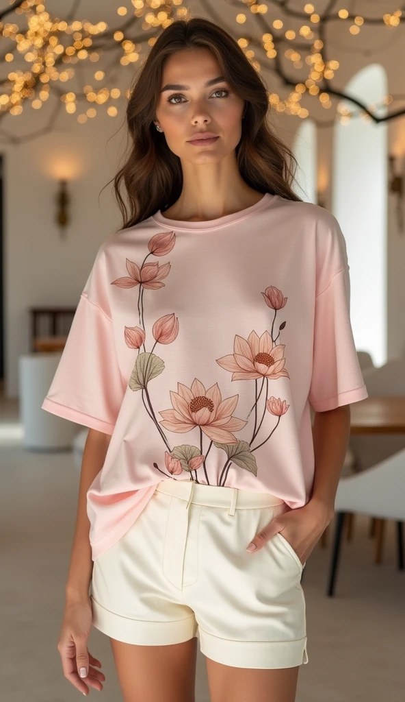 8k image of the model wearing a light pink T-shirt with a white border printed with lotus flowers and lotus leaves. Cream leather shorts. Luxurious elegant style. Background with rice white walls, chairs, and tree lights