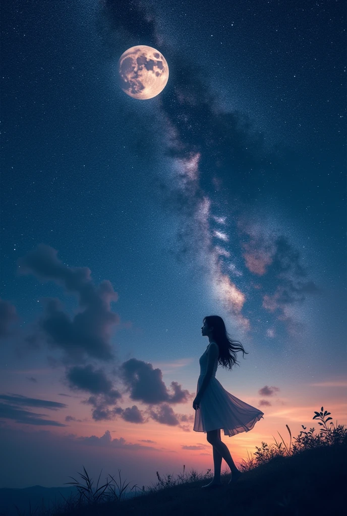 (Masterpiece), real photo, very detail, Night sky, moon in saturn shape , 1 asian girl ,nude, sexy body ,goldenratio, silhouetted, stand s-curve sexy pose under the moon light . Milky way, romantic