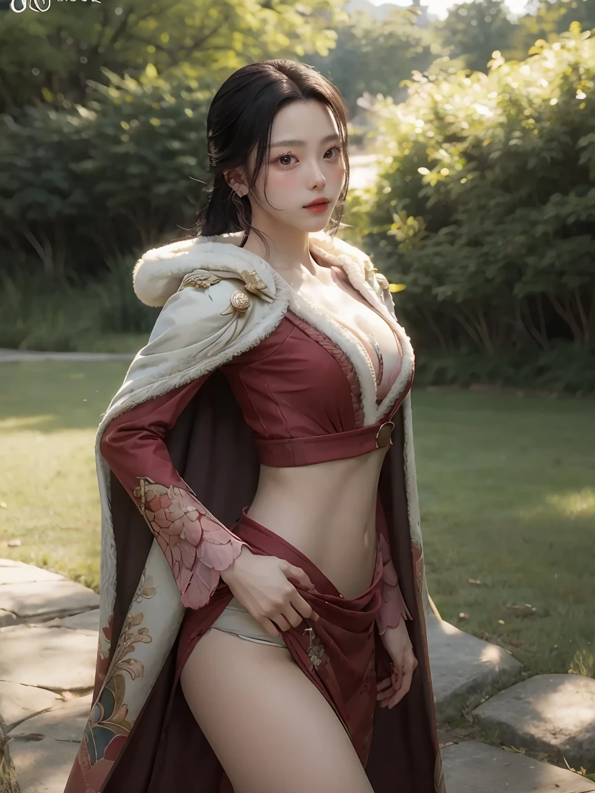 Masterpiece, best quality, height, Hancock1, Boa Hancock, big breasts, shoulder strap, cape, crop top, side cut, cowboy shoot, Standing firm, outdoor,
