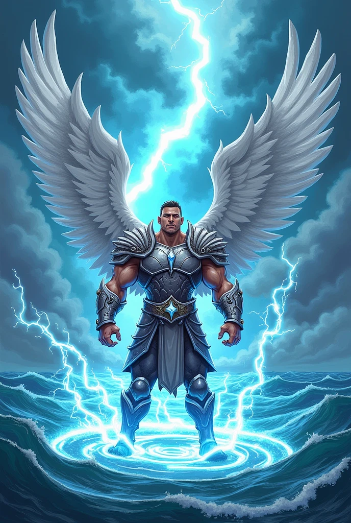 Cartoon of energetic muscular warrior with long white wings at center of image, wearing an heavy armor , surrounded buy circular blue and white electricity , background is blue with stormy clouds at the top and ocean at the bottom.