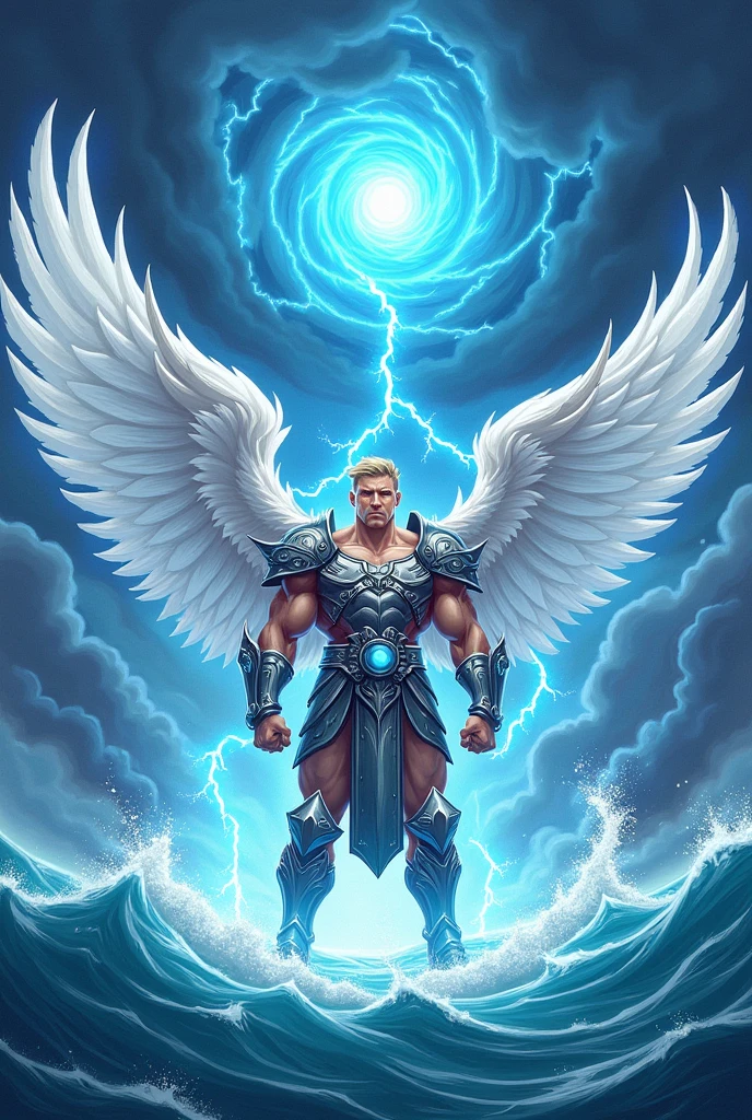 Cartoon of energetic muscular warrior with long white wings at center of image, wearing an heavy armor , surrounded buy circular blue and white electricity , background is blue with stormy clouds at the top and ocean at the bottom.