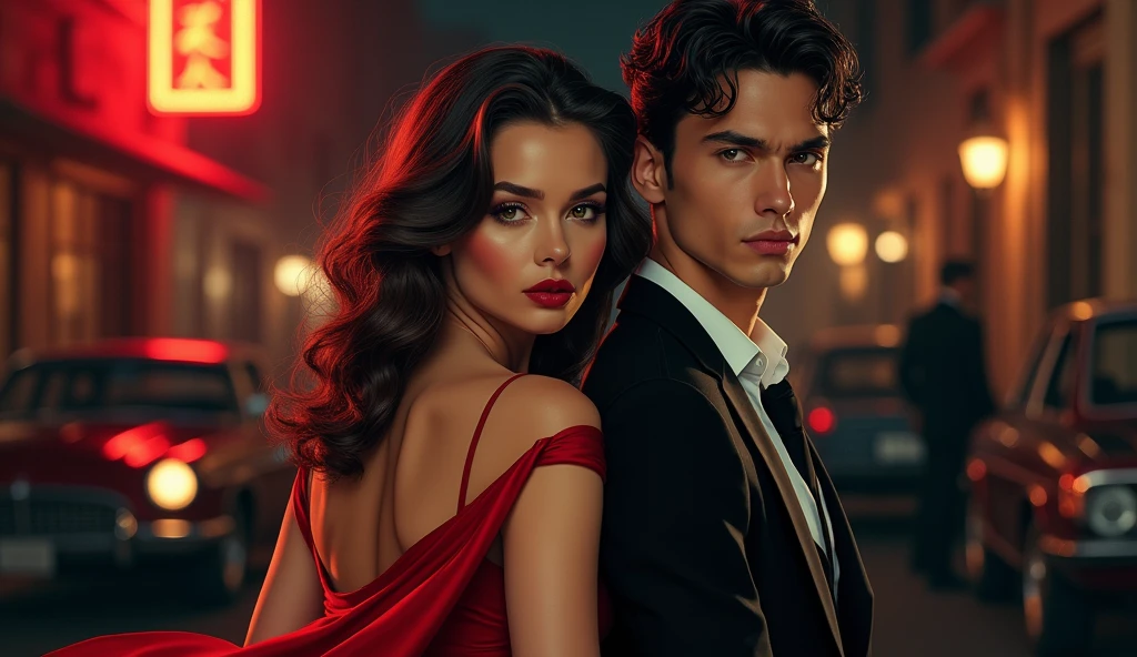 create a movie poster a close up of a woman in a dress standing next to a young man in a suit, mafia background hyper detailed, mafia, mafia, official, action film, hannibal, action thriller,