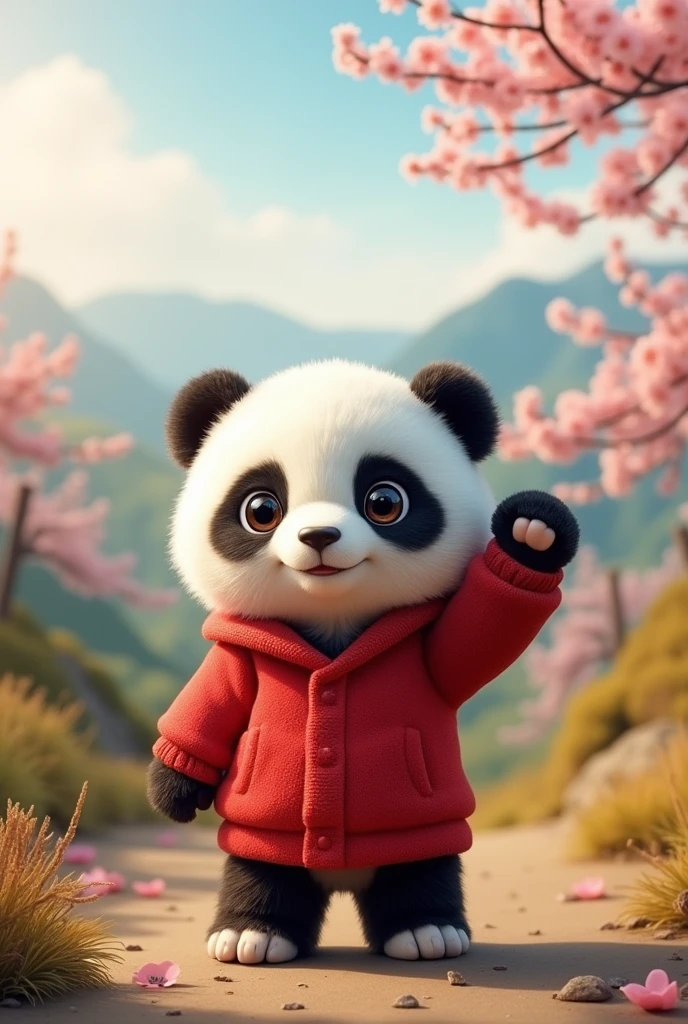 a small panda standing with its front paw raised, facing forward。
Big eyes with a cute, human-like expression。Slightly larger head than body。limbs are short。
dressed in a red jersey。Glossy texture。
The background is a Chinese landscape。
