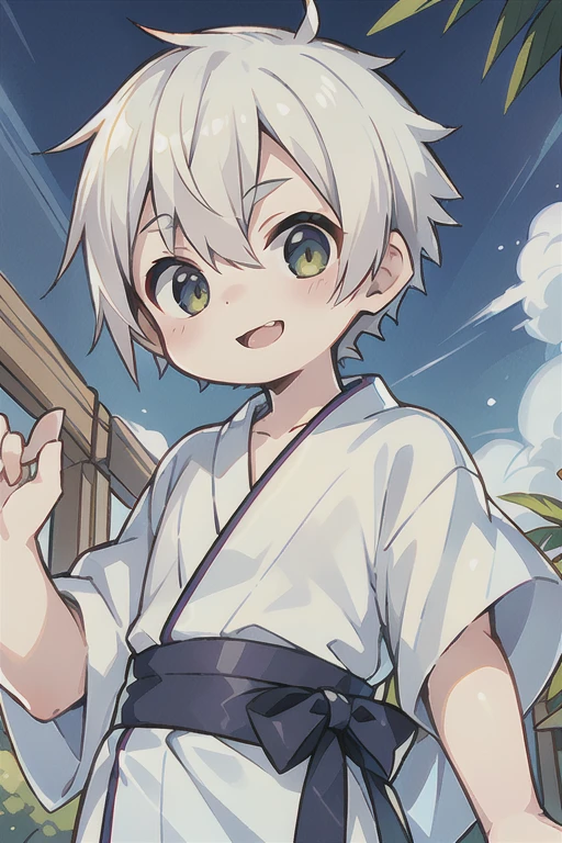 Highest quality, (high quality),eye highlights,glint,arms are thin, thin body,face,from front,look at viewer,droopy eyes,smile,open your mouth and laugh,(((chilled boy))), (1 boy),(white hair),((short hair)), yukata, festival,