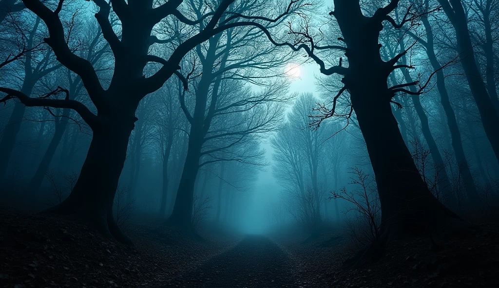 A gust of cold wind blowing through the trees, causing them to sway ominously, with leaves rustling in the darkness.