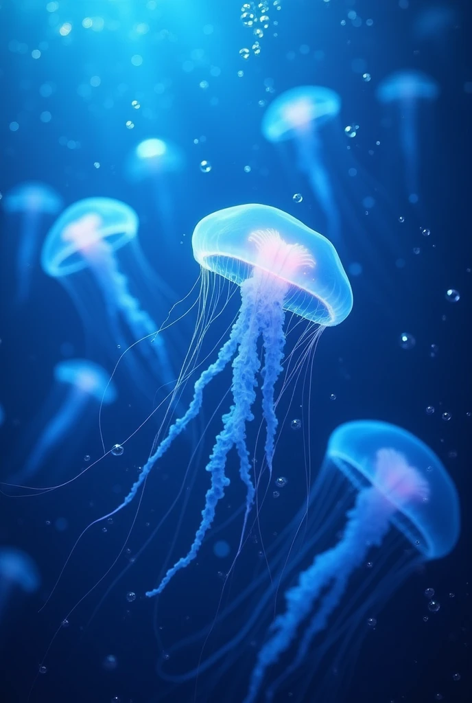 Capture jellyfish gracefully swimming, emitting their own light, creating a mesmerizing glow in the water.