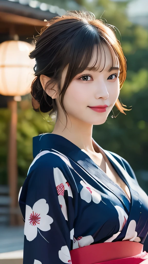 original, (masterpiece), (figure), (Beautiful and vivid background:1.25), (Depth of written boundary:0.7), Highest quality, shape, Very detailed, High resolution, 8k wallpaper, Perfect dynamic composition, Ultra detailed face, Natural Lip , Cleavage, (The eyelashes on both eyes are equal and beautiful.), looking at the camera, (whole body), (smile), (Japanese style, Fireworks venue), (Cute Yukata, yukata)