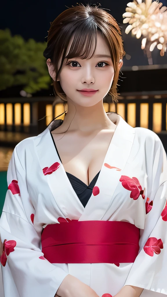 original, (masterpiece), (figure), (Beautiful and vivid background:1.25), (Depth of written boundary:0.7), Highest quality, shape, Very detailed, High resolution, 8k wallpaper, Perfect dynamic composition, Ultra detailed face, Natural Lip , Cleavage, (The eyelashes on both eyes are equal and beautiful.), looking at the camera, (whole body), (smile), (Japanese style, Fireworks venue), (Cute Yukata, yukata)