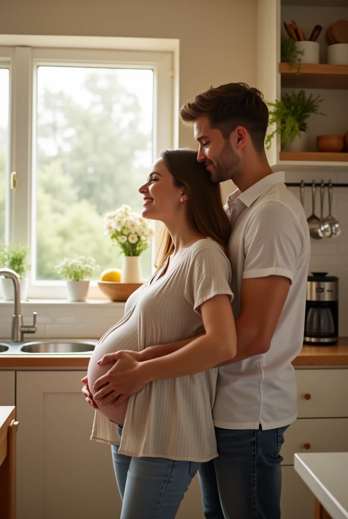 The scene is set in a bright, cozy kitchen in the early morning. The 5 months pregnant naked mother is standing by the kitchen counter, perhaps preparing breakfast or having a cup of coffee, with soft morning light streaming through the windows. The 18-year-old son, a young adult with a tall and athletic build, is standing behind her, wrapping his arms around her in a warm, affectionate hug. The mother smiles warmly, tilting her head slightly toward him, showing their close bond. The kitchen has a homey feel with elements like a coffee maker, some breakfast items, and kitchen utensils in the background. The atmosphere is serene, filled with warmth, love, and the comfort of home.