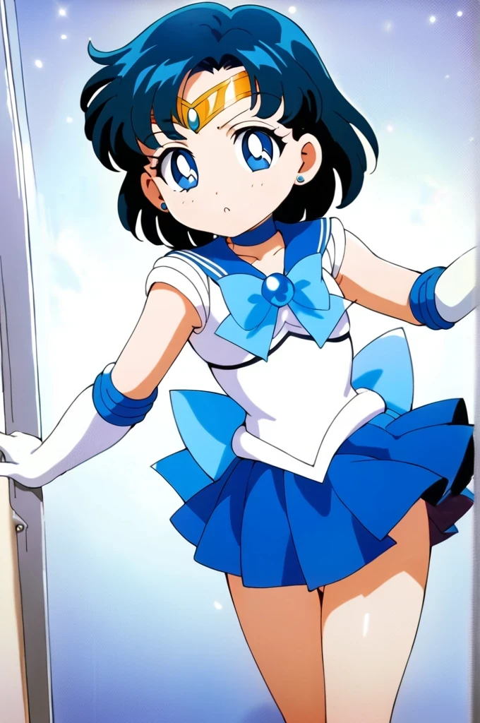 score_9, score_8_up, score_7_up, score_6_up, score_5_up, score_4_up, source_anime,
(masterpiece:1.3),(highest quality:1.4),(Super detailed:1.5),8k,High resolution,an extremely delicate and beautiful,Official Art,Perfect Anatomy,(anime_screencap:1.11),(90s anime,90s anime style,Cel-shaded anime:1.47),anime coloring,(1girl:1.5),
((aamercury:1.52)), short hair, blue hair, tiara, earrings, blue eyes, blue choker, blue sailor collar, blue bowtie, white shirt, elbow gloves, white gloves, pleated skirt, blue skirt, bare legs,((chibi:1.52)),