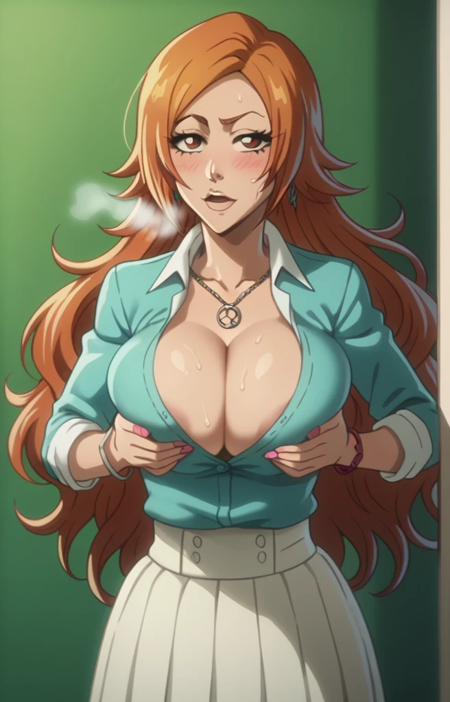 Inoue Orihime,Big breast,white HighSchool uniform with unbuttoned Cleavage,short Grey skirt,lariat necklace,Long pink nail,Hoopa bracelet,Earpiercing,Bleach Anime artstyle,Half eyes open,Stylish Wavy hair,Spouty mouth,Thick lips,view from head to waist,Curvy figure,Big wavy hair,Enchanced breast,tight thights,gaze on viewer,ear visible,bouncy breast,unnatural big breast,Hands under the breast,Blush,seducing,horny,Sweat,calm eyebrow,Heavy breath