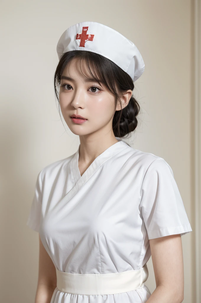 1 woman,(Wearing white nurse clothes:1.2),(RAW photos, Highest quality), (realistic, photo-realistic:1.4), Masterpiece, Very delicate and beautiful, very detailed, 2k wallpaper, amazing, exquisite, very detailed CG unity 8k wallpaper, very detailed, high resolution, soft light, Beautiful girl with details, very detailed eyes and face, Beautiful and complex nose, exquisite beautiful eyes, perfect anatomy, black hair, Upstyle, nurse uniform, ((nurse cap)), long skirt, nurse, white dress, thin, โรงnurse, clear, white uniform, โรงnurse room, Examination of the neck, ((upper body))