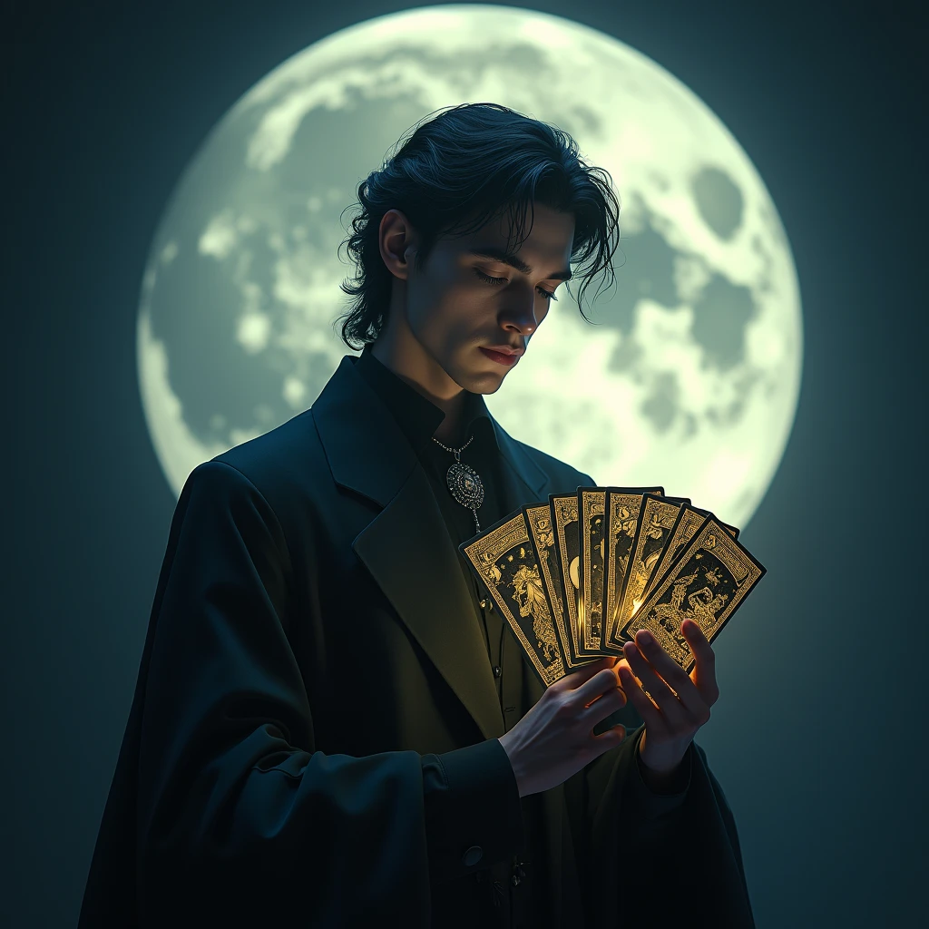 High resolution, masterpiece, Anatomically correct, detail, Highest quality, Very detailed, male、mysterious、Moon Background、Tarot Cards、Light、Fortune telling、Tarot Cards、Gentle Eyes、