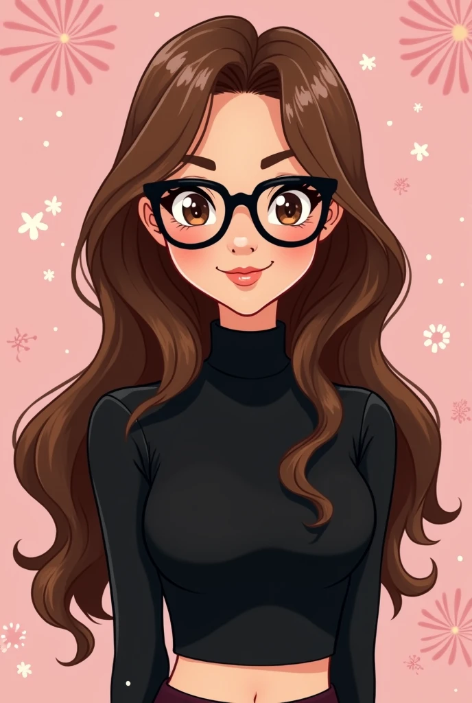 I want you to make a Disney style drawing, of a brunette woman with long, flowing hair, com olhos castanhos, wearing black glasses. She is wearing a black turtleneck crop top.. 8k illustration and pastel pink background