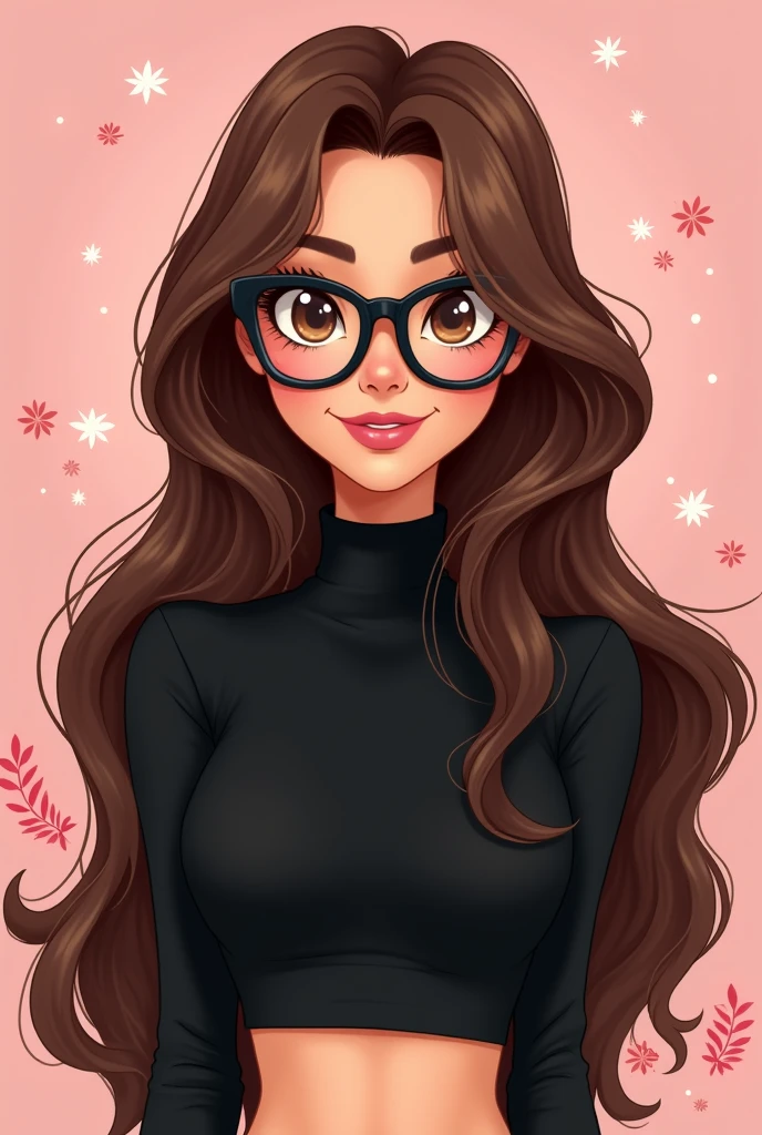 I want you to make a Disney style drawing, of a brunette woman with long, flowing hair, com olhos castanhos, wearing black glasses. She is wearing a black turtleneck crop top.. 8k illustration and pastel pink background
