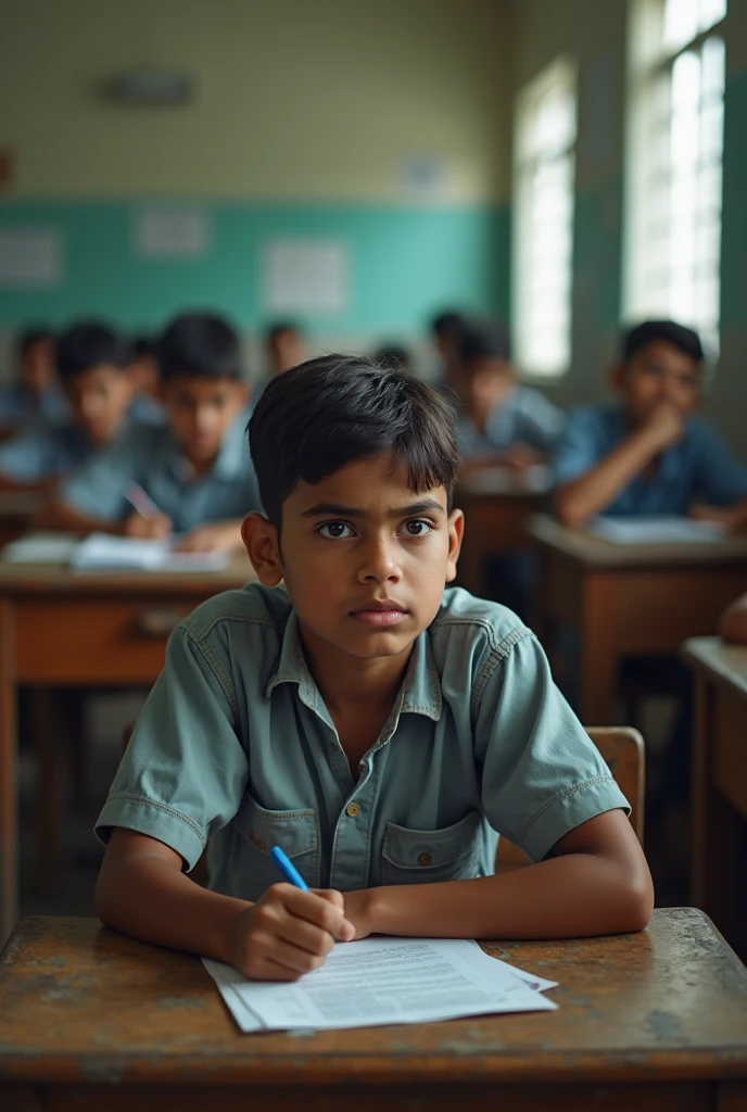 A 15 year old indian boy sitting in examination hall . And he is looking like confuse and innocent