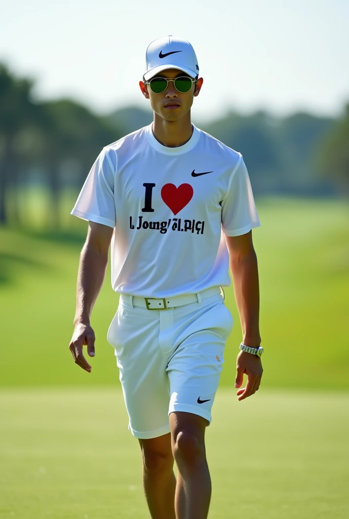 Make a picture of a handsome Korean male golf player, The shoes are Nike, The hat is Nike, Make me a pair of Nike shorts, Make a view of me walking towards you, bust shot, Make sunglasses glasses, Make your eyes clearer, Make a T-shirt with the words "I love Jeong Im-seon"