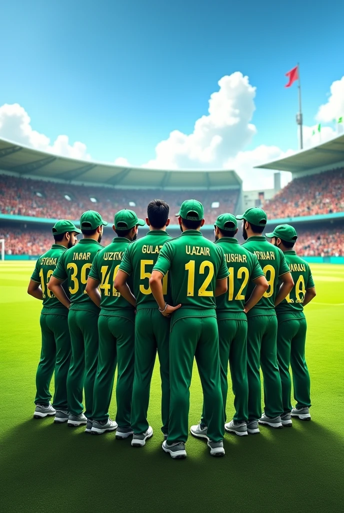 Make a picture of 13 players of this cricket team who are wearing Pakistani shirts and looking towards the crowd and their names are written on the back of their shirts Gulzar Uzair Istikhar Irfan Imran Nazir Filana Thakana