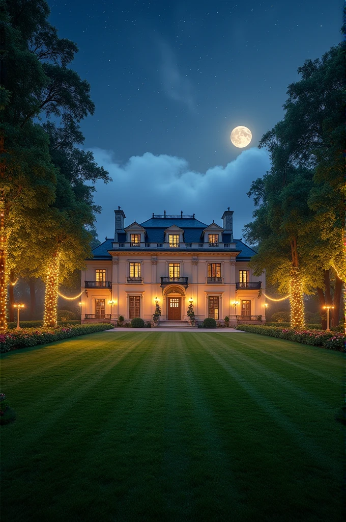 A lavish house with a big lawn at night
