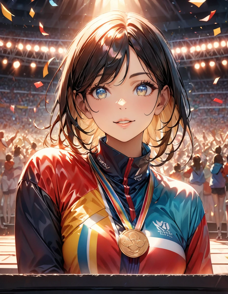 Gold Medal Winning Female Olympians, Expression of overjoy, Professionalism, Bright colors, Soft lighting, Expressive eyes, Detailed lips, Long eyelashes, Pleasant atmosphere, The players strike a pose of joy., Colorful sportswear:1.1, Bust Shot, Dramatic lighting, Structure of the film, Bright colors, Award ceremony, Podium, stadium audience, Cheering Spectators, Confetti, Dramatic shadows and highlights, Shining Medal, Seamless blending of elements, (Highest quality:1.2, Very detailed, Latest, Vibrant, Ultra-high resolution, High Contrast, masterpiece:1.2, Highest quality, Best aesthetics).