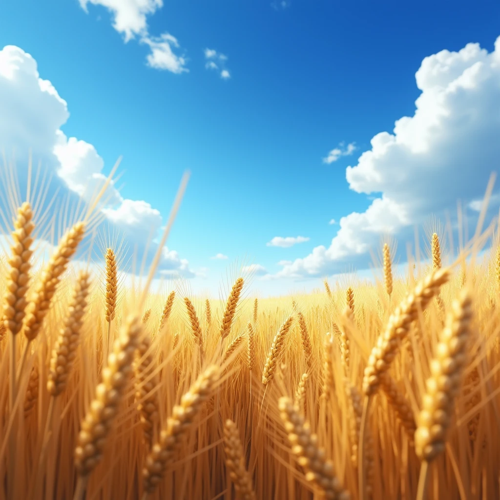 Masterpiece,Best Composition,High Resolution,Photorealistic,Summer Day Scene,Scottish Wheat Field,Fluttering in the Gentle Breeze,Looking Up from the Ground,Clear Sky,Sun,White Clouds,Wheat Colors Contrasted with Blue Sky.