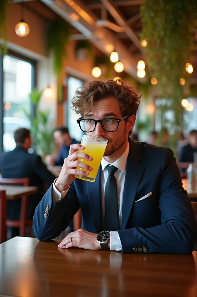 A nerd in a suit drinking lemonade in a restaurant
