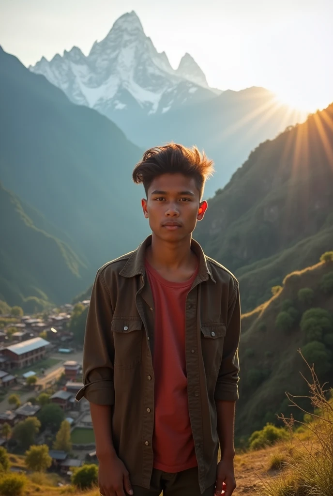 Thin, tall and handsome 18 years old boy with modern mullet hair cut 
And Nepal's background.