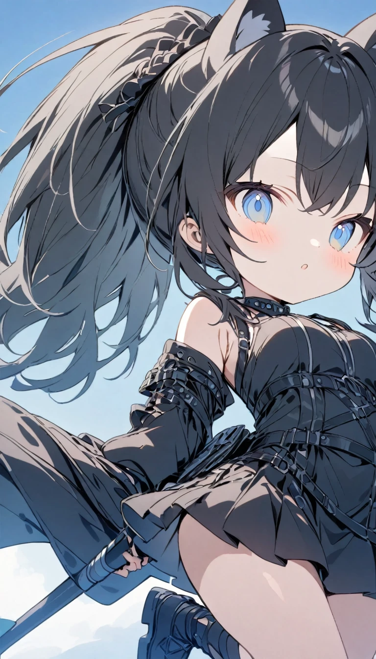 1Girl with cat ears in man、Black Hair、Iris、Black cat tail、Black punk fashion、Floating in the air、(blowing bubble gum)、Skateboard pose、The background is blue sky、Masterpiece、