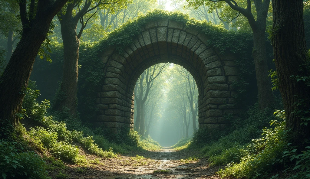 The entrance to the ruin, partially obscured by overgrown ivy and shadows, creating an inviting yet menacing appearance.