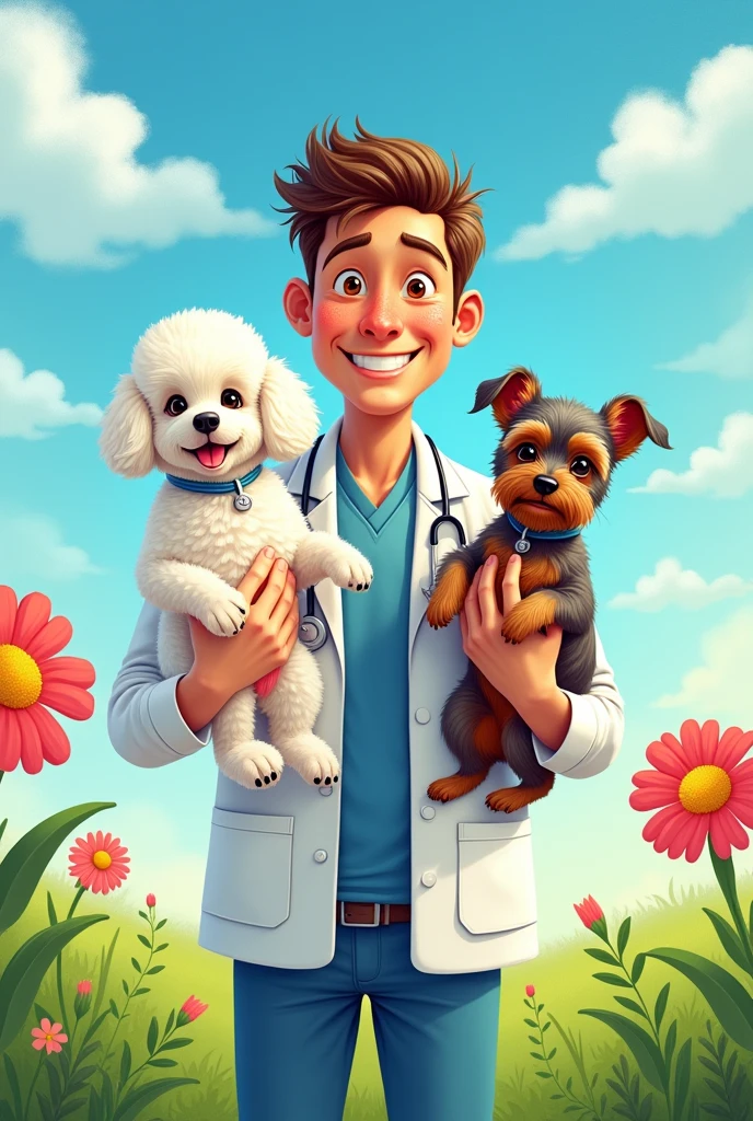 Draw a picture of a male veterinarian, with brown eyes and very short hair, holding two puppies, uma poodle branca e uma Yorkshire. The Yorkshire is a little smaller than the poodle, It has ears up and short fur. I want the drawing to be as unrealistic as possible., as if it had been made with crayons.