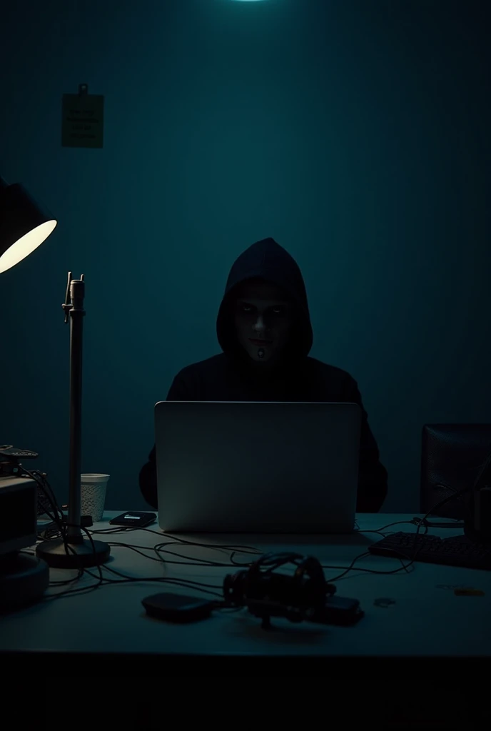 Create a detailed image of a person wearing a hacker mask, sitting at a desk with a laptop. The laptop screen displays lines of code running, reflecting the intensity of their work. The room is dimly lit, enhancing the mysterious and secretive atmosphere. Shadows and minimal light sources, such as a single desk lamp or the glow from the laptop screen, add to the overall suspenseful vibe. The room should be enclosed and give off a sense of secrecy, with dark, muted colors and perhaps some tech-related paraphernalia in the background to emphasize the hacking theme.