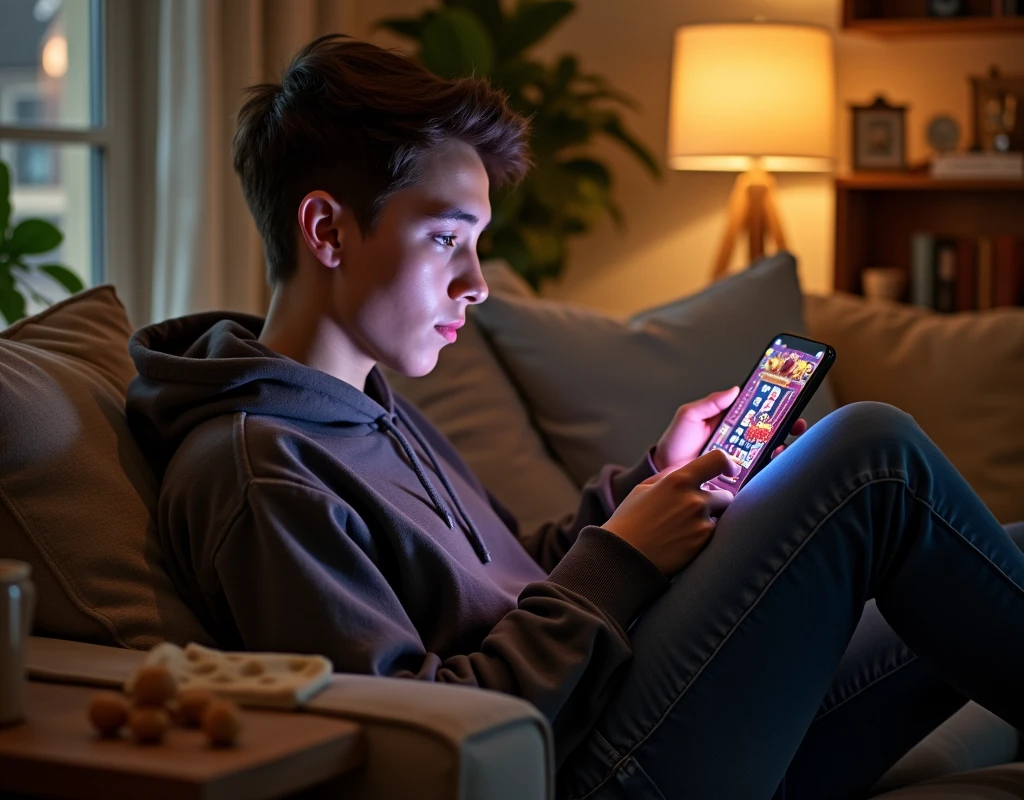 An image of someone playing gambling games on their phone, highlighting the convenience of playing anytime, anywhere. The image is taken from the side to show the phone screen.