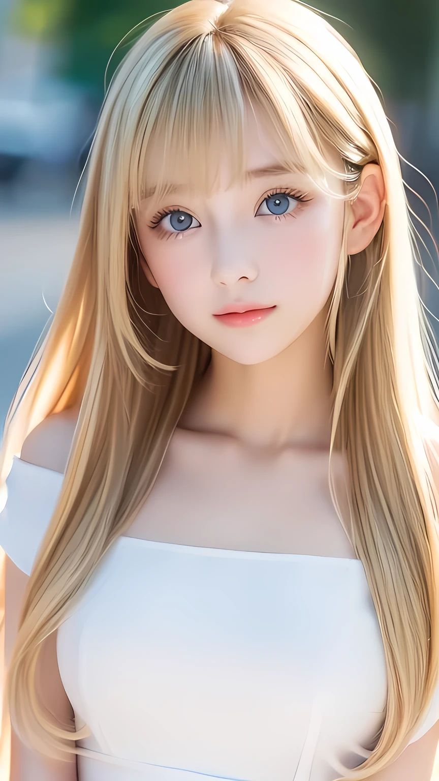 Incredibly bright, white, glossy, beautiful skin、Blonde hair color that changes with reflected light、Bangs between the eyes blocking the view、Glossy highlight on cheeks、sexy, very beautiful, lovely, cute, gorgeous face、The most beautiful face in the world、15-year-old beautiful girl、Super long blonde hair、smooth, straight hair、Big Breasts, Large, bright, azure eyes that sparkle、Beautiful bangs、Small Face Beauty、beautiful round face、Very beautiful appearance、Very pure white girl