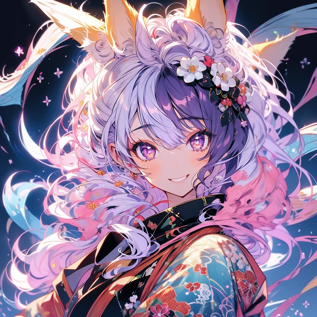 Masterpiece,purple Hair、Detail eyes、smile,(((fox ears)))、white fox、Gold eyes,wearing bewitching kimono,Upper Body, fox background