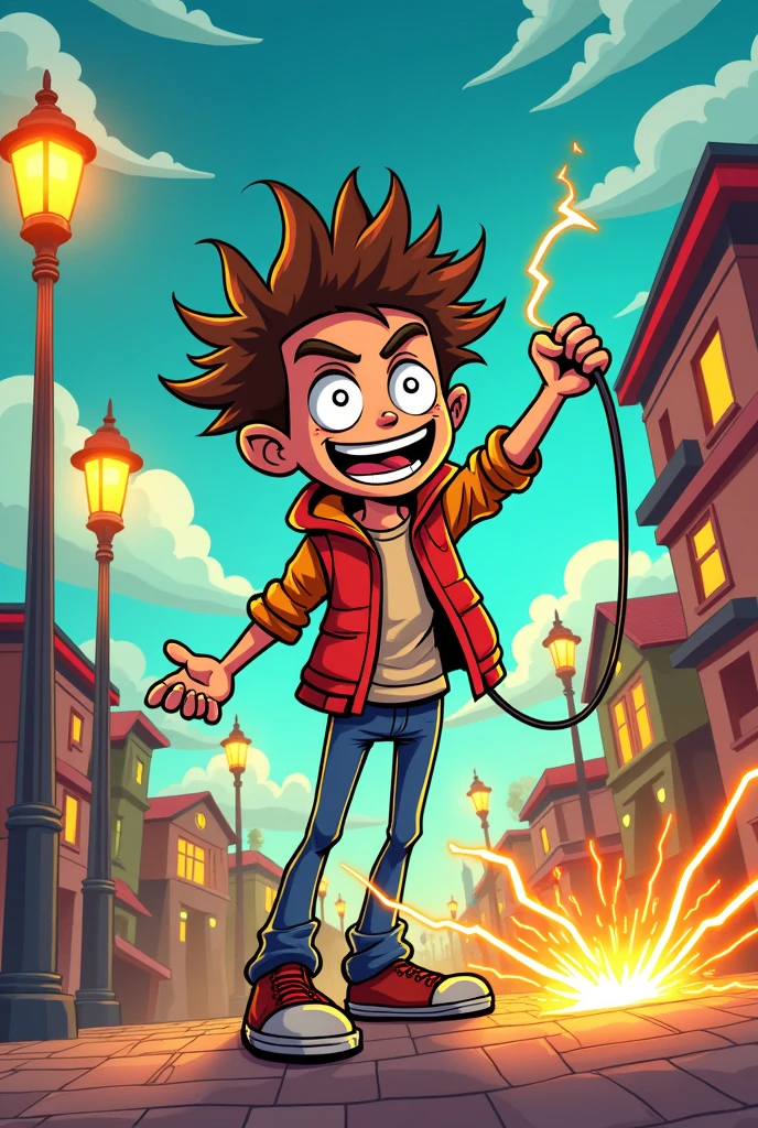 Someone is electrocuting a person with a cable in their hand, cartoon style 