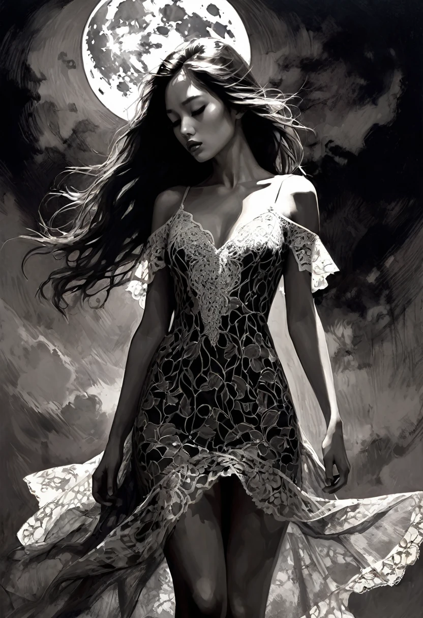 slim, sexy girl, with a very sexy lace dress, very long brown hair, Korean features, sexy dress, magic, moon, , eroticism, sexy, black and white image, between shadows, oil painting, chiaroscuro, sensual, dramatic lighting, moody atmosphere, sketch, intricate details, masterpiece, ultra-detailed, high quality, 8k, best quality, realistic, cinematic, dark and brooding, expressionistic, powerful composition, emotional impact, art inspired by Bill Sienkiewicz and Dave McKean