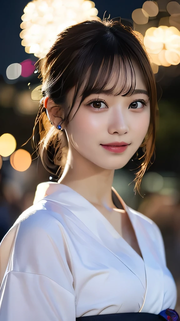 original, (masterpiece), (figure), (Beautiful and vivid background:1.25), (Depth of written boundary:0.7), Highest quality, shape, Very detailed, High resolution, 8k wallpaper, Perfect dynamic composition, Ultra detailed face,  Natural Lip , Cleavage, (The eyelashes on both eyes are equal and beautiful.), looking at the camera, whole body, (smile), (Japanese style, Fireworks venue), (Cute Yukata, yukata)