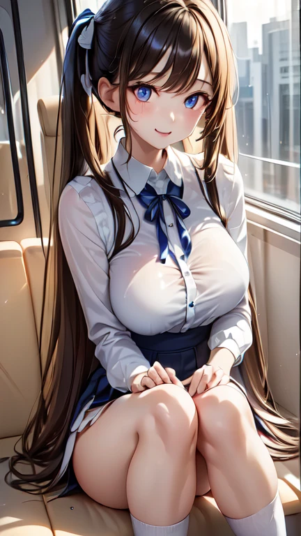 (Highest quality)), ((masterpiece)), (detailed),Natural light pouring in through the window, ((Full body shot 1.5))，Woman sitting with legs apart on train seat 1.7,(((There are many people around her..5))),のBeautiful woman，，A woman smiling with her mouth open，The look of temptation，Very sexy，(((Big Breasts,Wearing a fully white shirt with a collar.4,Big shirt,A navy blue ribbon around the neck,Wearing a very short navy blue mini skirt.8)))，((Wearing white knee-high socks..2)),
Beautiful woman，Beautiful Face，Big eyes，Beautiful Eyes，Beautiful double eyelids，Beautiful teeth alignment，A beautiful body line with a small face and an 8-head body proportion，Slender body，beautiful and slender limbs,Long and supple hair，Shiny black hair，Twin tail hairstyle,Full body shot 1.4，Embarrassed expression，Blushing with a shy smile，mouth half open，((A woman sitting with her legs spread wide.7)),(((Emphasis on white panties,Body wet and translucent 1.5))),