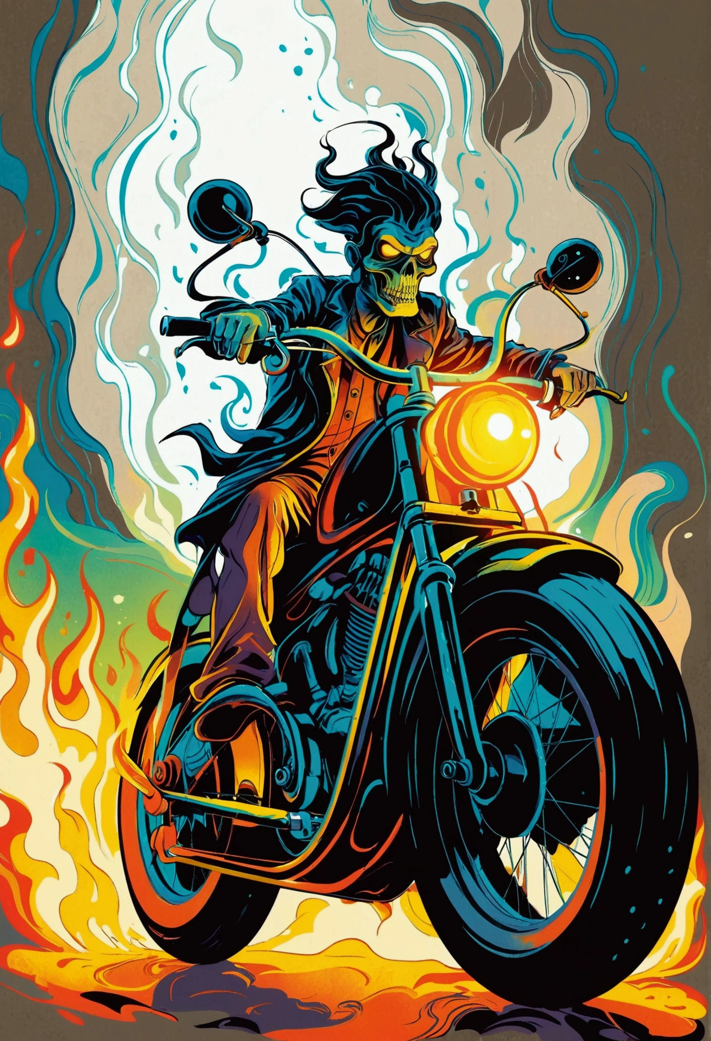 ([negative space:0.8:1.5]), A scary ghost，It embodies the essence of a courageous Riding a Bicycle，The whole body is soaked in illusory flames，Emerges from a dramatic and slightly eerie Indian backdrop，Ethnic motifs、Symbols and Indian architectural elements should be clearly visible in the scene，It subtly hints at the geographical origins of the ghostly Riding a Bicycle，The figure is wearing a worn leather jacket，Wearing a spiked helmet，Straddling a heavily modified Riding a Bicycle，This Riding a Bicycle appears to be engulfed in the same ghostly flames, The overall image should convey a supernatural feeling，Contrasting with an undeniable love for the exuberant Riding a Bicycle adventures，colorful cartoon-style illustration from an award winning animated movie, illustrated in bold outlines, showcasing its colors and shapes, The character is depicted adorned colorful energy against a white background, [mythical creature:0.8]