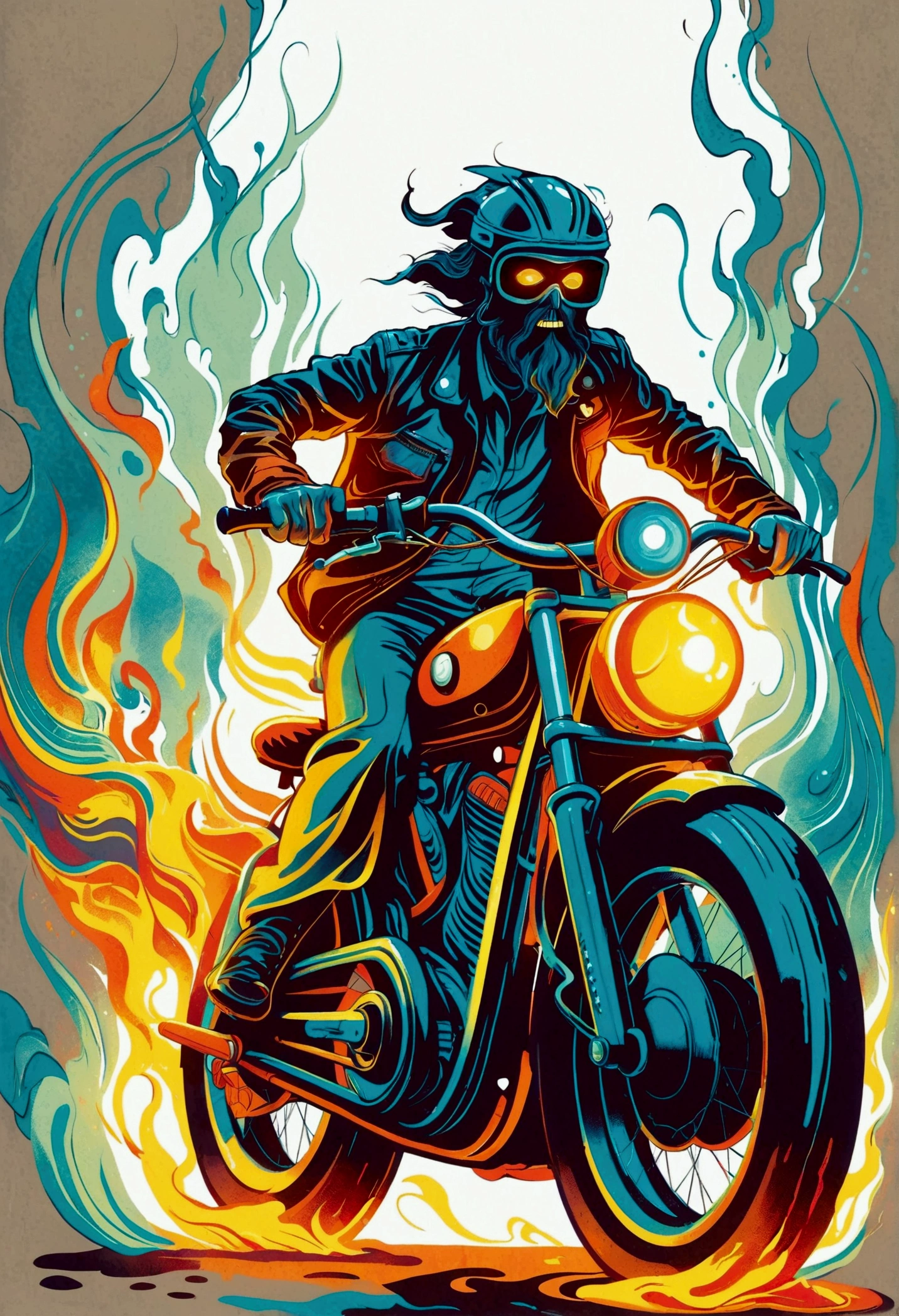 ([negative space:0.8:1.5]), A scary ghost，It embodies the essence of a courageous Riding a Bicycle，The whole body is soaked in illusory flames，Emerges from a dramatic and slightly eerie Indian backdrop，Ethnic motifs、Symbols and Indian architectural elements should be clearly visible in the scene，It subtly hints at the geographical origins of the ghostly Riding a Bicycle，The figure is wearing a worn leather jacket，Wearing a spiked helmet，Straddling a heavily modified Riding a Bicycle，This Riding a Bicycle appears to be engulfed in the same ghostly flames, The overall image should convey a supernatural feeling，Contrasting with an undeniable love for the exuberant Riding a Bicycle adventures，colorful cartoon-style illustration from an award winning animated movie, illustrated in bold outlines, showcasing its colors and shapes, The character is depicted adorned colorful energy against a white background, [mythical creature:0.8]