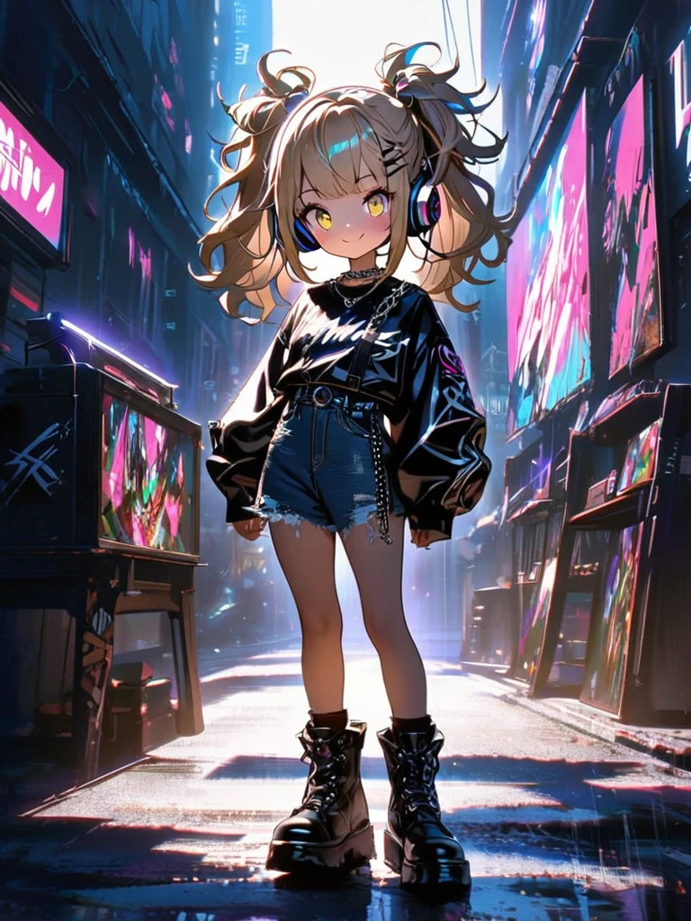 1 person, chromatic aberration, Written boundary depth, Soft Light, masterpiece, Highest quality, complicated, Tone Mapping, Very deしっぽed, Art Station, Concept Art, Smooth, Clear focus, Dramatic lighting, Very deしっぽed artwork, movie, super practical painting, Art Station's trending, 8k, Incredible Shadows, practical,  whole body, View, Viewers, Very deしっぽed portrait of one girl 1, standing on street corner, Heavy rain and lightning、Dark Sky, neon and cyber punk background, she is dressed in punk clothing with silver chains and silver spikes, Her hair was dyed light brown..............，The middle part is black, She wears headphones, Ominous aura of light, smile, punk, Cyber Rock, Backlight.Fashionable clothes.Dress code: Denim Outfit,Her hair is tied up cutely.