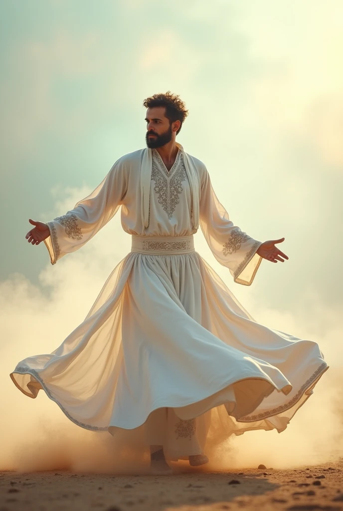 (photorealism:1.2), generate an aesthetic photo of whirling dervish dancing wearing white clothes.