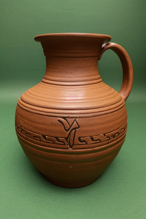Image of a traditional clay pitcher (matka) with the name 'Ram' inscribed on it in elegant, decorative script. The pitcher should have a rustic, earthy appearance typical of handmade clay pots, with a simple yet ornate design. The background should be a solid green screen for easy background removal or replacement with a solid green screen background