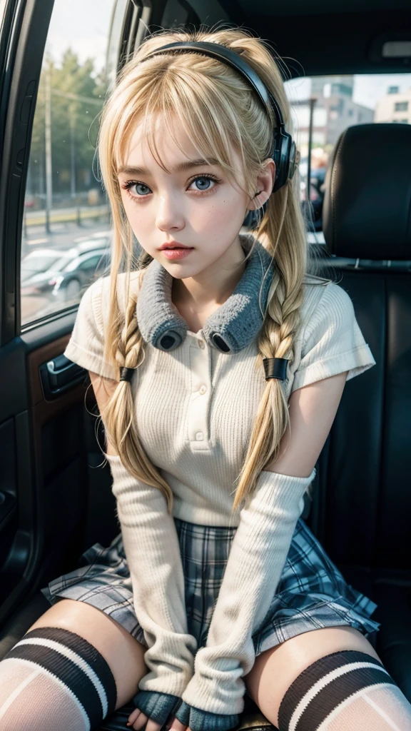 Cute schoolgirl Lyvlas sits in the back seat of a car and looks out the window 1 girl, bang, blonde hair,tape, Ponytail, parted lips, headphones, anime style, black mitts striped leg warmers