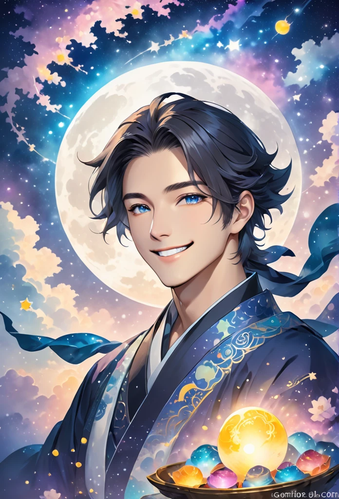 solo, High resolution, Gaze, smile, male、Moon Background、mysterious、Fortune telling、cool、Gentle Eyes、